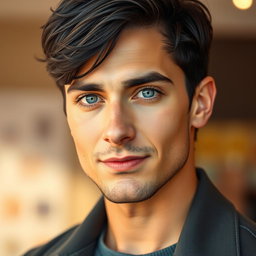 A realistic full-body portrait of a man with beautiful short black hair and striking rare blue eyes