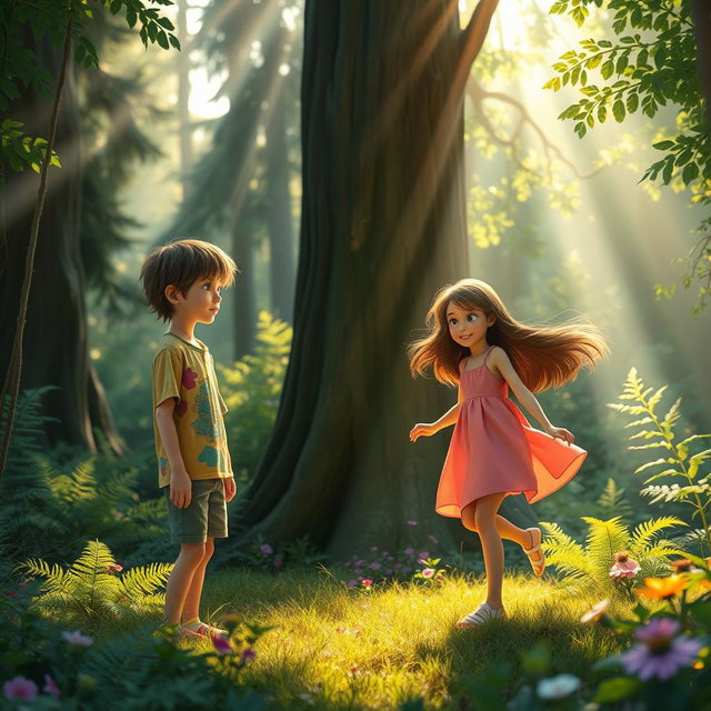 A captivating scene in a lush, vibrant forest where a boy named Jason is observing a girl who is playing joyfully by herself