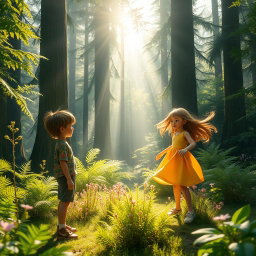 A captivating scene in a lush, vibrant forest where a boy named Jason is observing a girl who is playing joyfully by herself