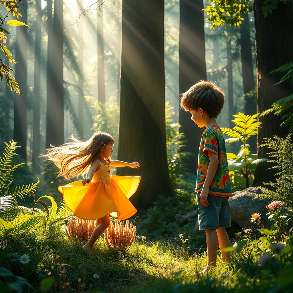 A captivating scene in a lush, vibrant forest where a boy named Jason is observing a girl who is playing joyfully by herself