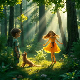 A captivating scene in a lush, vibrant forest where a boy named Jason is observing a girl who is playing joyfully by herself