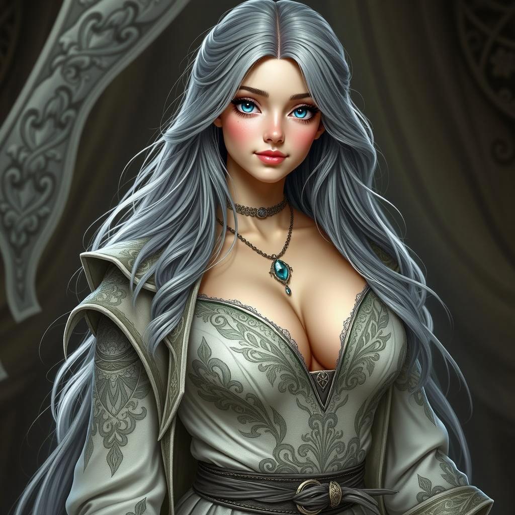 A stunning portrait of a woman with long, flowing silver hair, set against a dark, elegant backdrop