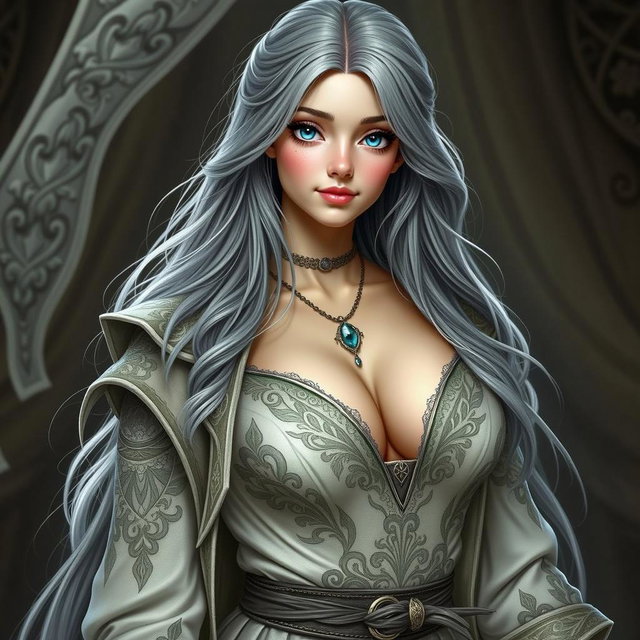 A stunning portrait of a woman with long, flowing silver hair, set against a dark, elegant backdrop