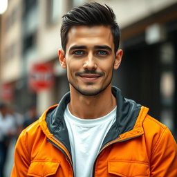 A realistic full body portrait of a man with beautiful short black hair and striking rare blue eyes