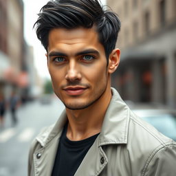 A realistic full body portrait of a man with beautiful short black hair and striking rare blue eyes