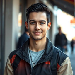 A realistic full body portrait of a man with beautiful short black hair and striking rare blue eyes