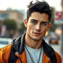 A realistic full body portrait of a man with beautiful short black hair and striking rare blue eyes