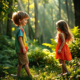 A charming moment in a lush forest where a boy named Jason approaches a girl who is playing alone