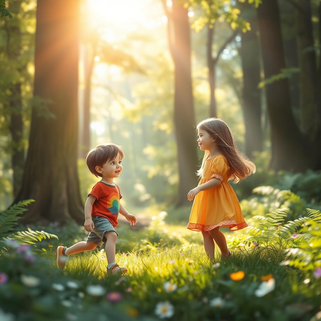 A charming moment in a lush forest where a boy named Jason approaches a girl who is playing alone