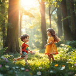 A charming moment in a lush forest where a boy named Jason approaches a girl who is playing alone