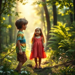 A charming moment in a lush forest where a boy named Jason approaches a girl who is playing alone