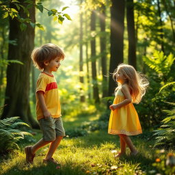 A charming moment in a lush forest where a boy named Jason approaches a girl who is playing alone