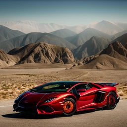 A stunning, blood-red Lamborghini shining in the sunlight, parked on a wide, open road amidst a breathtaking mountain range in the background.