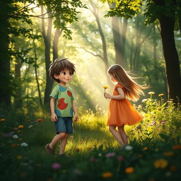 A gentle and enchanting moment in a sunlit forest where a boy named Jason, with messy hair and dressed in a colorful t-shirt and shorts, approaches a girl playing alone