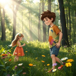 A gentle and enchanting moment in a sunlit forest where a boy named Jason, with messy hair and dressed in a colorful t-shirt and shorts, approaches a girl playing alone