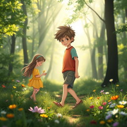 A gentle and enchanting moment in a sunlit forest where a boy named Jason, with messy hair and dressed in a colorful t-shirt and shorts, approaches a girl playing alone