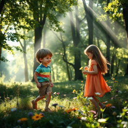 A gentle and enchanting moment in a sunlit forest where a boy named Jason, with messy hair and dressed in a colorful t-shirt and shorts, approaches a girl playing alone