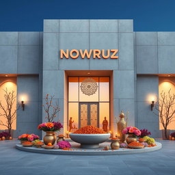 A modern concrete building showcasing Nowruz elements, beautifully decorated with vibrant spring flowers and traditional sabzeh, adorned with intricate Persian patterns