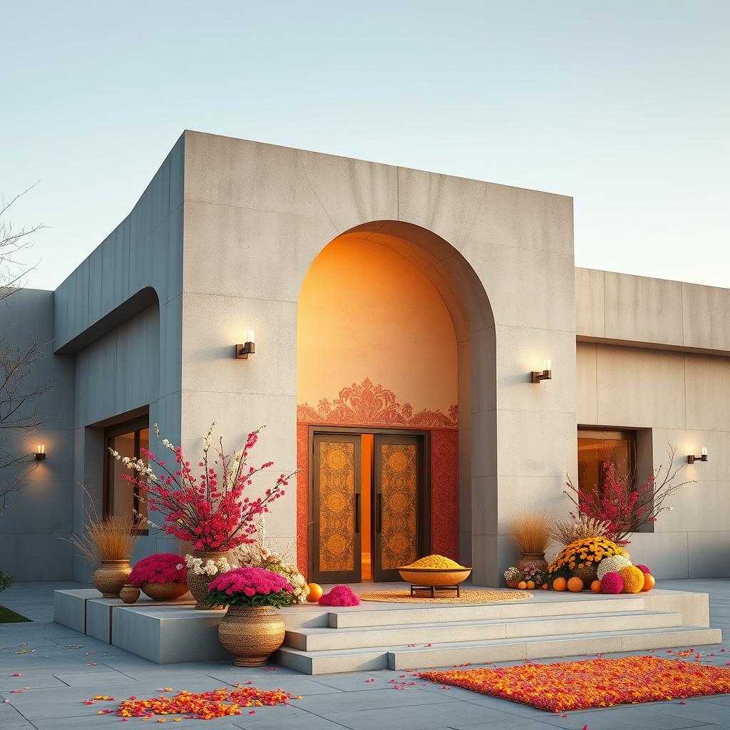 A modern concrete building showcasing Nowruz elements, beautifully decorated with vibrant spring flowers and traditional sabzeh, adorned with intricate Persian patterns