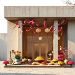 A modern concrete building showcasing Nowruz elements, beautifully decorated with vibrant spring flowers and traditional sabzeh, adorned with intricate Persian patterns