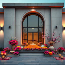 A modern concrete building showcasing Nowruz elements, beautifully decorated with vibrant spring flowers and traditional sabzeh, adorned with intricate Persian patterns