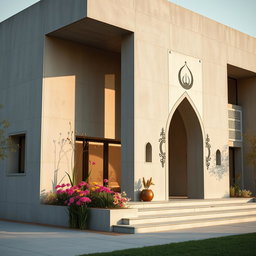A modern concrete building showcasing minimalist architecture, beautifully decorated with Nowruz elements