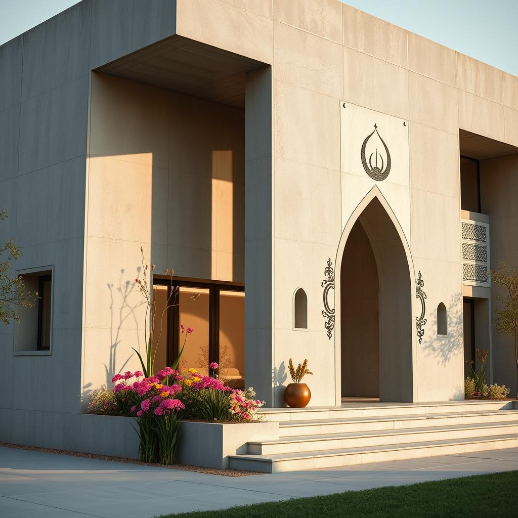 A modern concrete building showcasing minimalist architecture, beautifully decorated with Nowruz elements