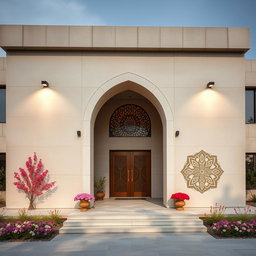 A modern concrete building showcasing minimalist architecture, beautifully decorated with Nowruz elements