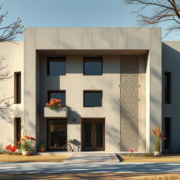A modern concrete building showcasing minimalist architecture, beautifully decorated with Nowruz elements