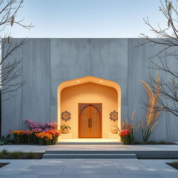 A modern concrete building showcasing minimalist architecture, beautifully decorated with Nowruz elements