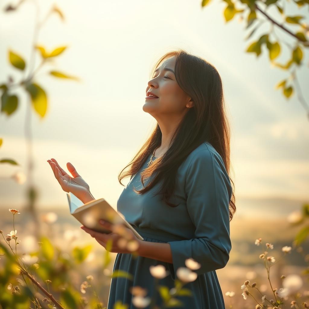 A tranquil scene of a serene person deeply engaged in singing and praying, surrounded by a warm, soft glow of light