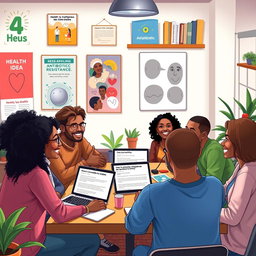 A vibrant and engaging digital artwork featuring a group of diverse friends gathered around a table, discussing ideas enthusiastically about health, lifestyle, and responsible antibiotic use