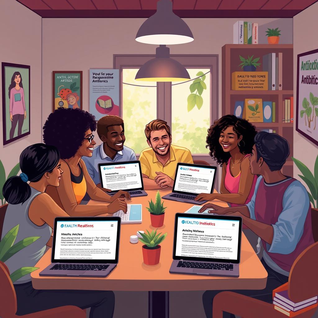 A vibrant and engaging digital artwork featuring a group of diverse friends gathered around a table, discussing ideas enthusiastically about health, lifestyle, and responsible antibiotic use