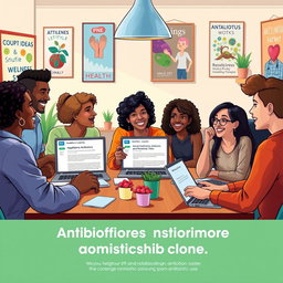 A vibrant and engaging digital artwork featuring a group of diverse friends gathered around a table, discussing ideas enthusiastically about health, lifestyle, and responsible antibiotic use