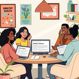 A vibrant and engaging digital artwork featuring a group of diverse friends gathered around a table, discussing ideas enthusiastically about health, lifestyle, and responsible antibiotic use