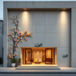 A modern concrete building featuring a minimalist architectural design, elegantly adorned with Nowruz elements
