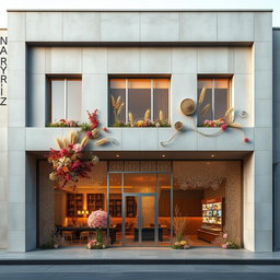 A modern concrete building featuring a minimalist architectural design, elegantly adorned with Nowruz elements