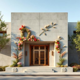 A modern concrete building featuring a minimalist architectural design, elegantly adorned with Nowruz elements