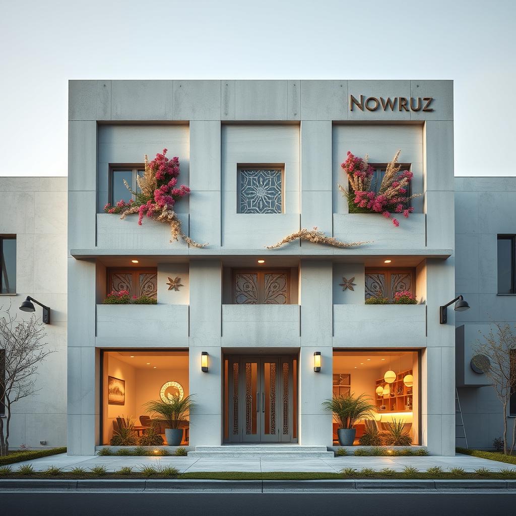 A modern concrete building featuring a minimalist architectural design, elegantly adorned with Nowruz elements