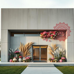 A modern concrete building exemplifying minimalist architecture, adorned with beautiful Nowruz elements
