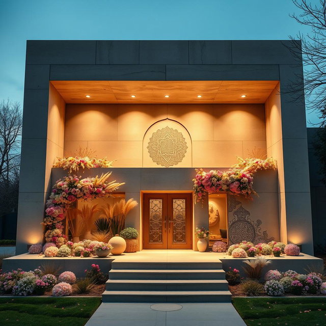 A modern concrete building exemplifying minimalist architecture, adorned with beautiful Nowruz elements