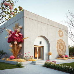 A modern concrete building exemplifying minimalist architecture, adorned with beautiful Nowruz elements
