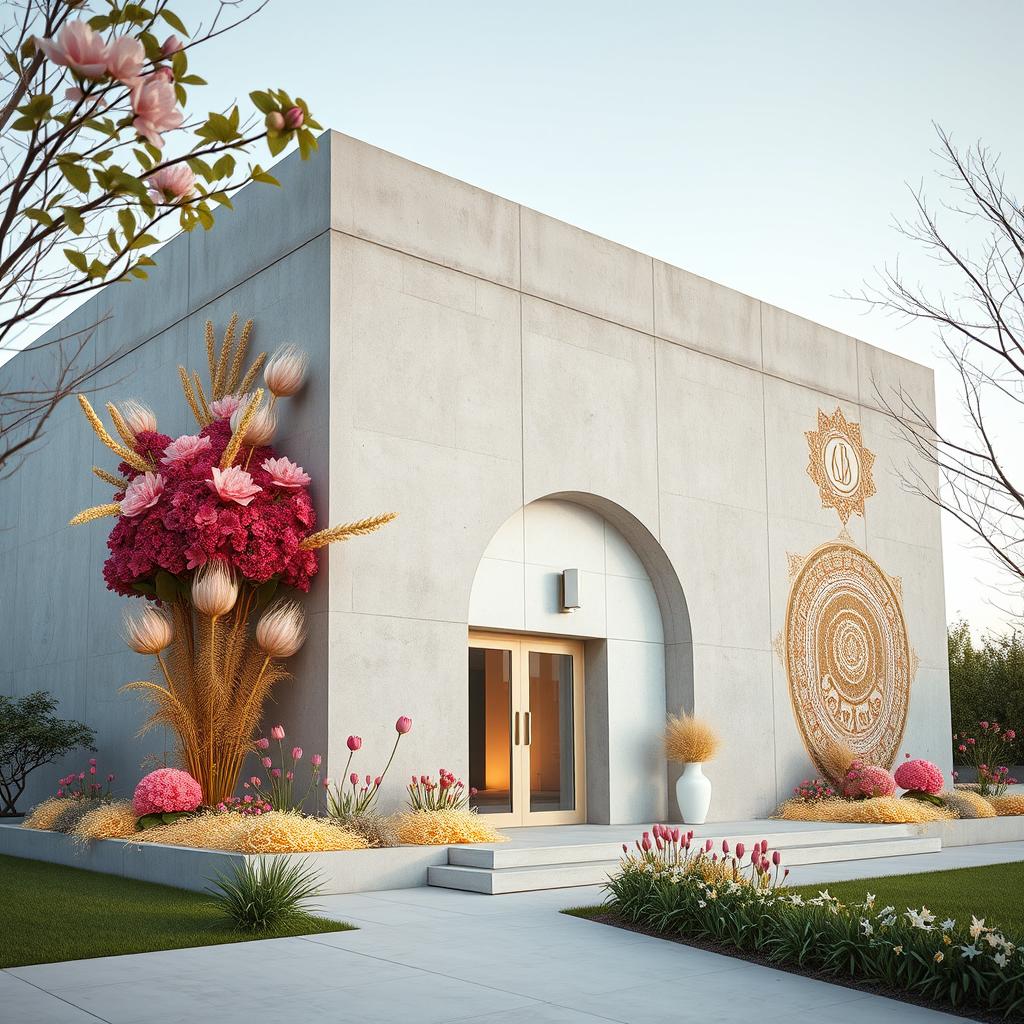A modern concrete building exemplifying minimalist architecture, adorned with beautiful Nowruz elements