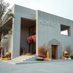 A modern concrete building exemplifying minimalist architecture, adorned with beautiful Nowruz elements
