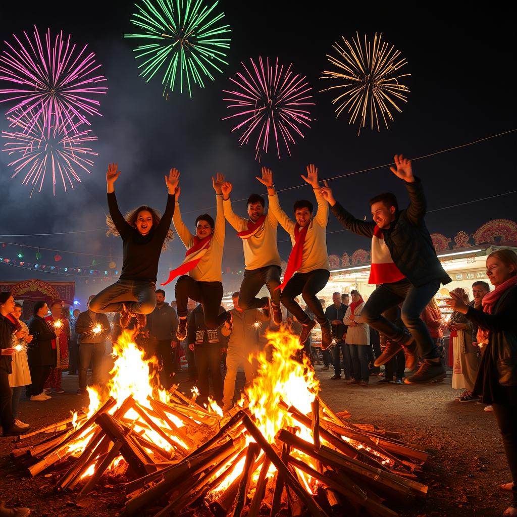 A vibrant and festive night scene of the Iranian celebration of Chaharshanbe Suri, featuring people joyfully jumping over bonfires