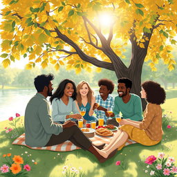 A heartwarming and artistic illustration of a close-knit group of friends enjoying a sunny picnic in a picturesque park, symbolizing the themes of relationship and friendship