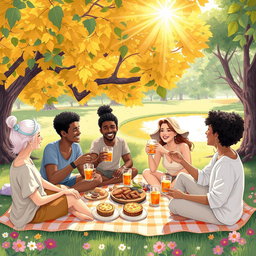 A heartwarming and artistic illustration of a close-knit group of friends enjoying a sunny picnic in a picturesque park, symbolizing the themes of relationship and friendship