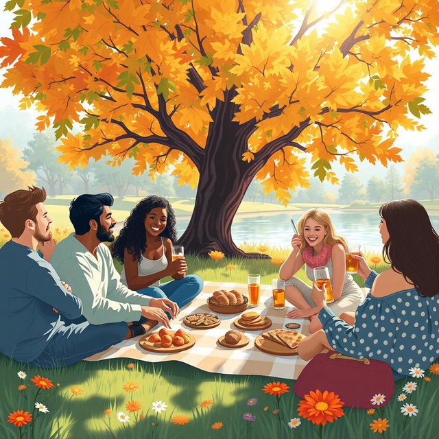 A heartwarming and artistic illustration of a close-knit group of friends enjoying a sunny picnic in a picturesque park, symbolizing the themes of relationship and friendship