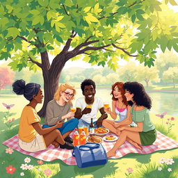 A heartwarming and artistic illustration of a close-knit group of friends enjoying a sunny picnic in a picturesque park, symbolizing the themes of relationship and friendship