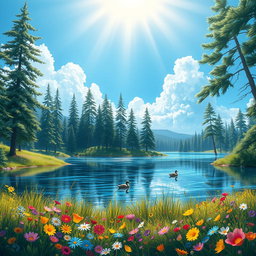 A vibrant and detailed digital illustration of a dreamy landscape featuring a serene lake surrounded by tall pine trees under a bright blue sky, with fluffy white clouds